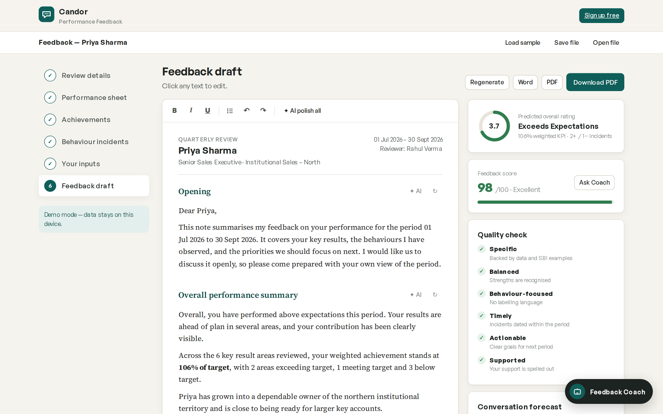 Candor feedback editor with the generated feedback letter, rating and quality score
